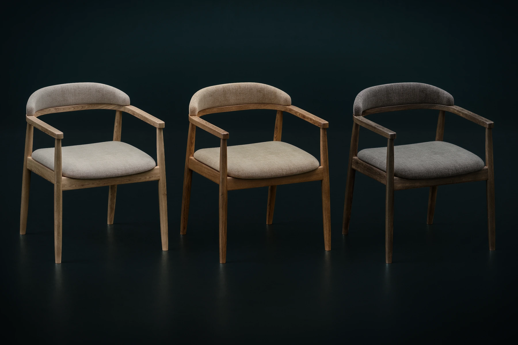 Three wooden armchairs with upholstered seats and curved backrests, shown in light, warm medium, and dark material finishes.